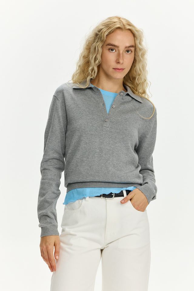 Long Sleeve Polo Grey Melange