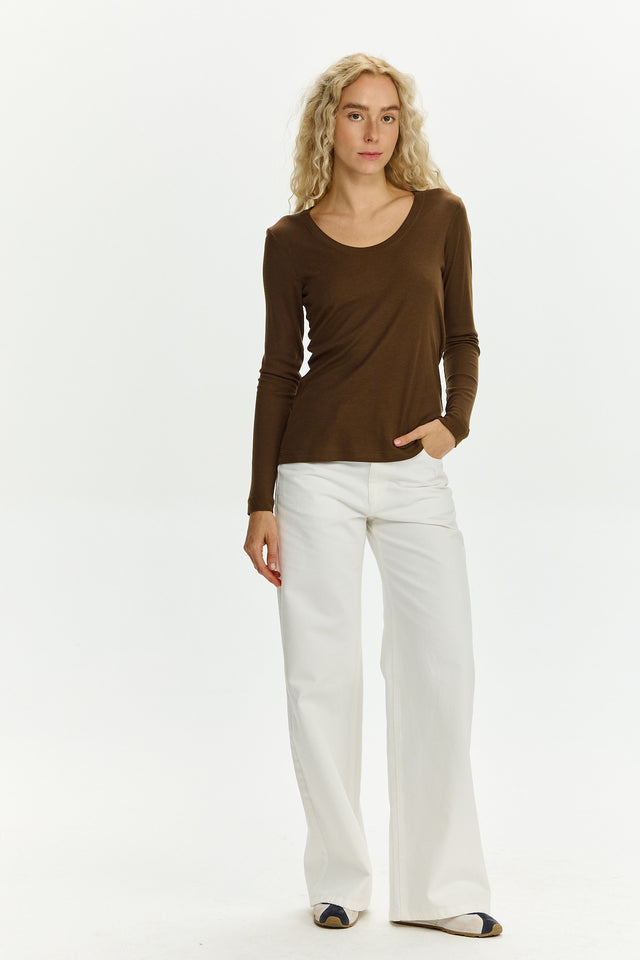 Mili Tencel Round Neck Top Brown